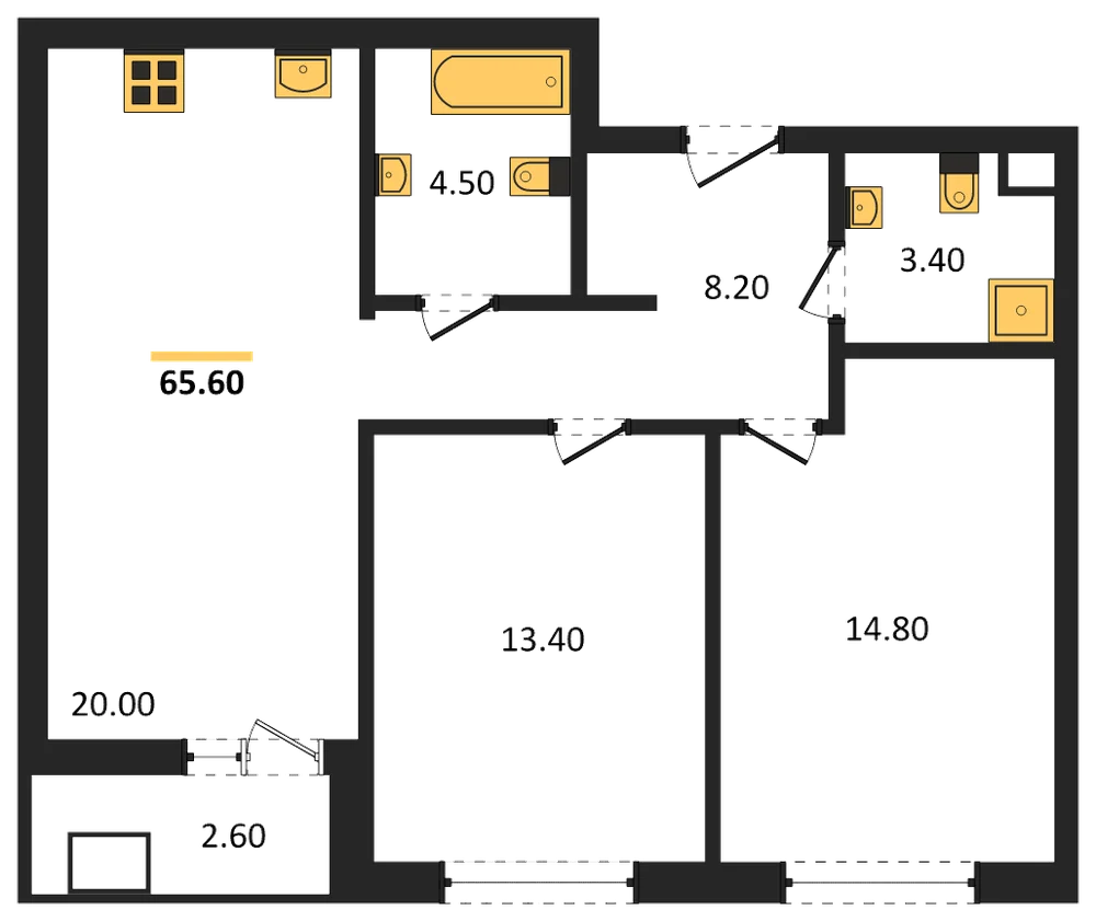 Планировка: 2-комн., 65,6 м²