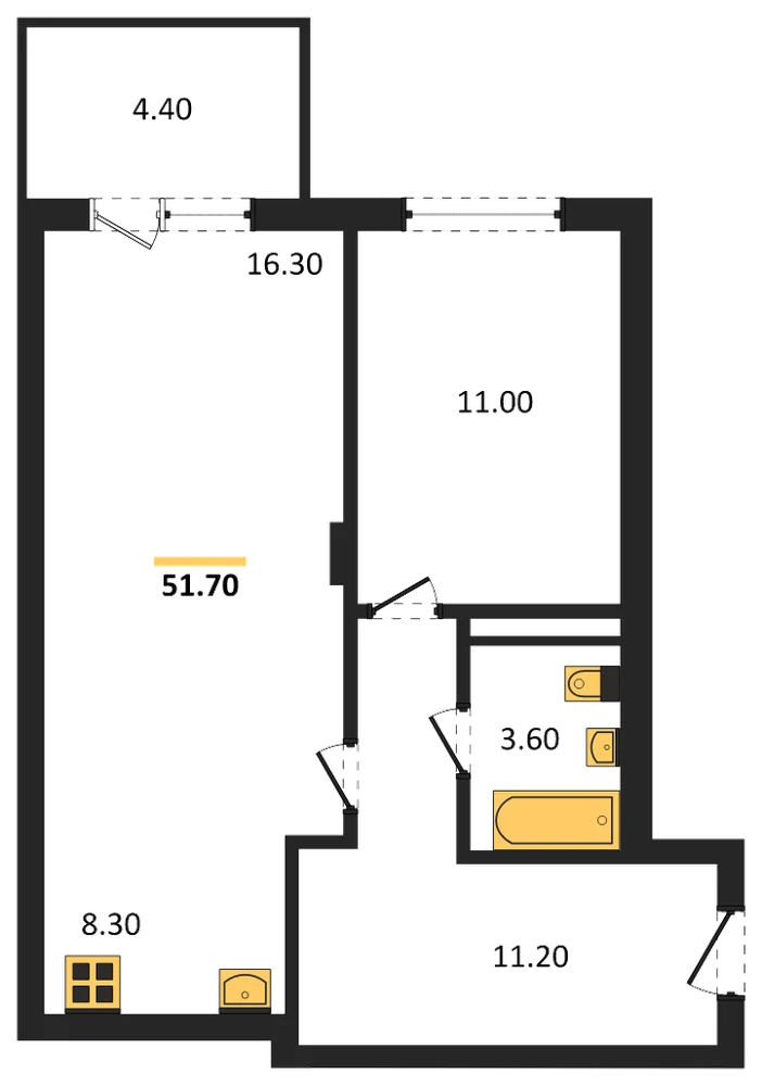 Планировка: 1-комн., 51,7 м²