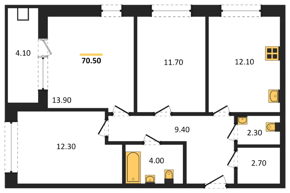 Планировка: 3-комн., 70,4 м²
