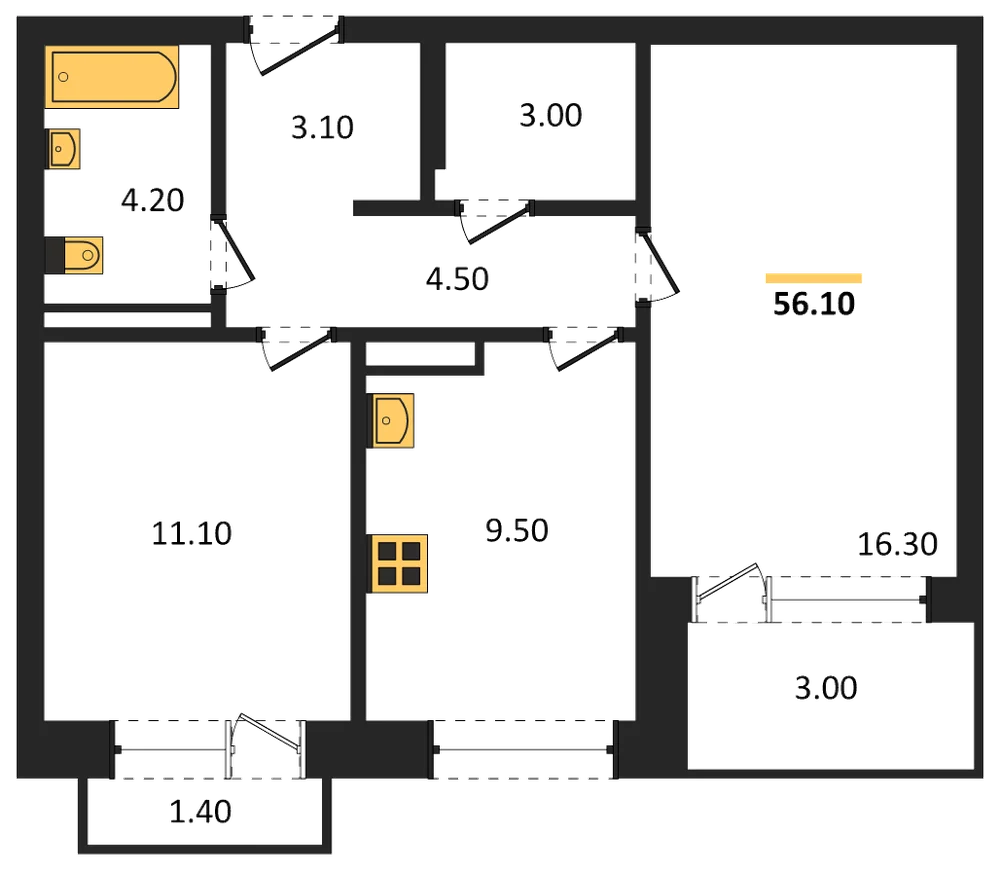 Планировка: 2-комн., 56,1 м²