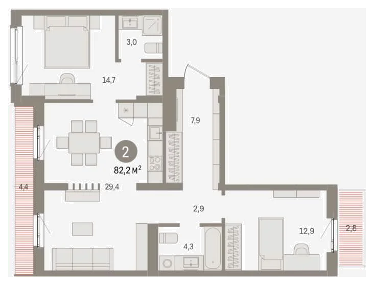 Планировка: 2-комн., 82,2 м²