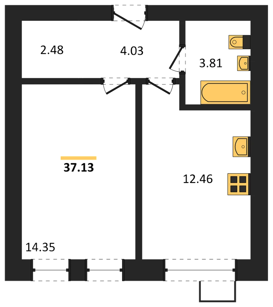 Планировка: 1-комн., 37,1 м²