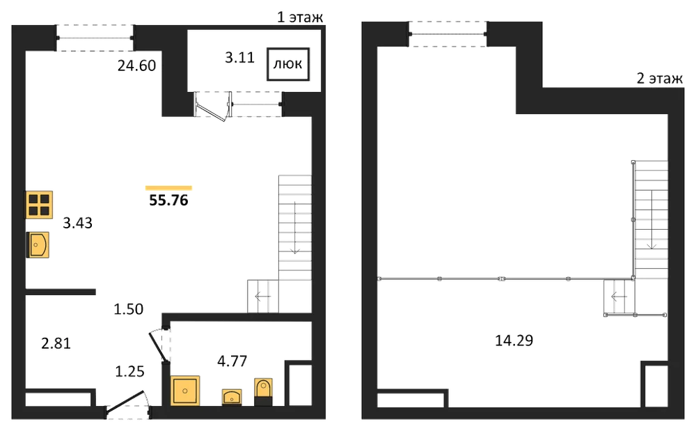 Планировка: 1-комн., 55,8 м²