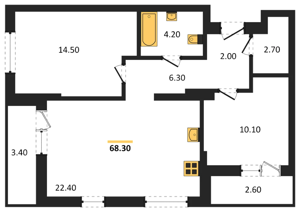 Планировка: 2-комн., 68,3 м²