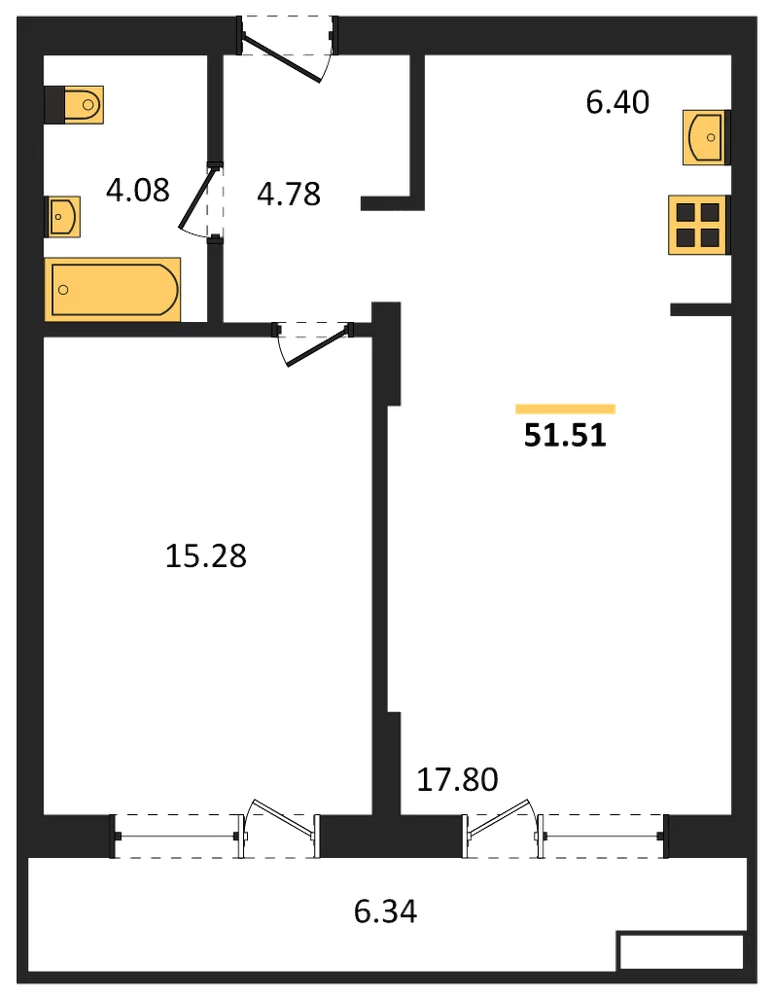 Планировка: 1-комн., 51,5 м²