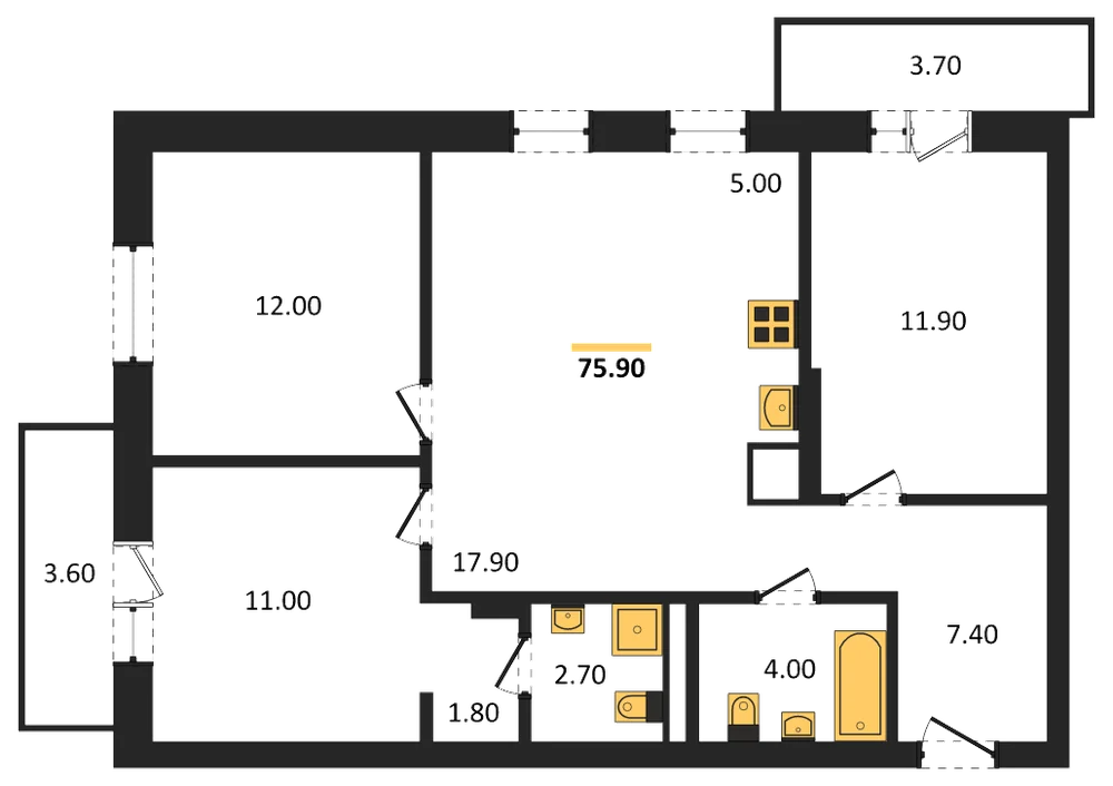 Планировка: 3-комн., 75,9 м²
