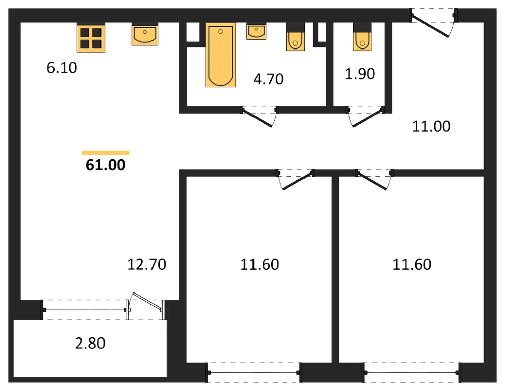 Планировка: 2-комн., 61 м²
