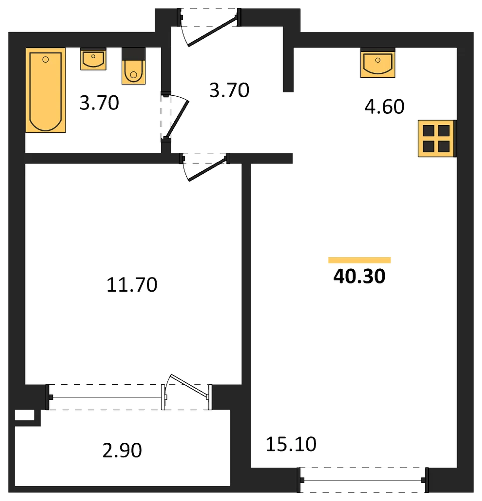 Планировка: 1-комн., 40,3 м²