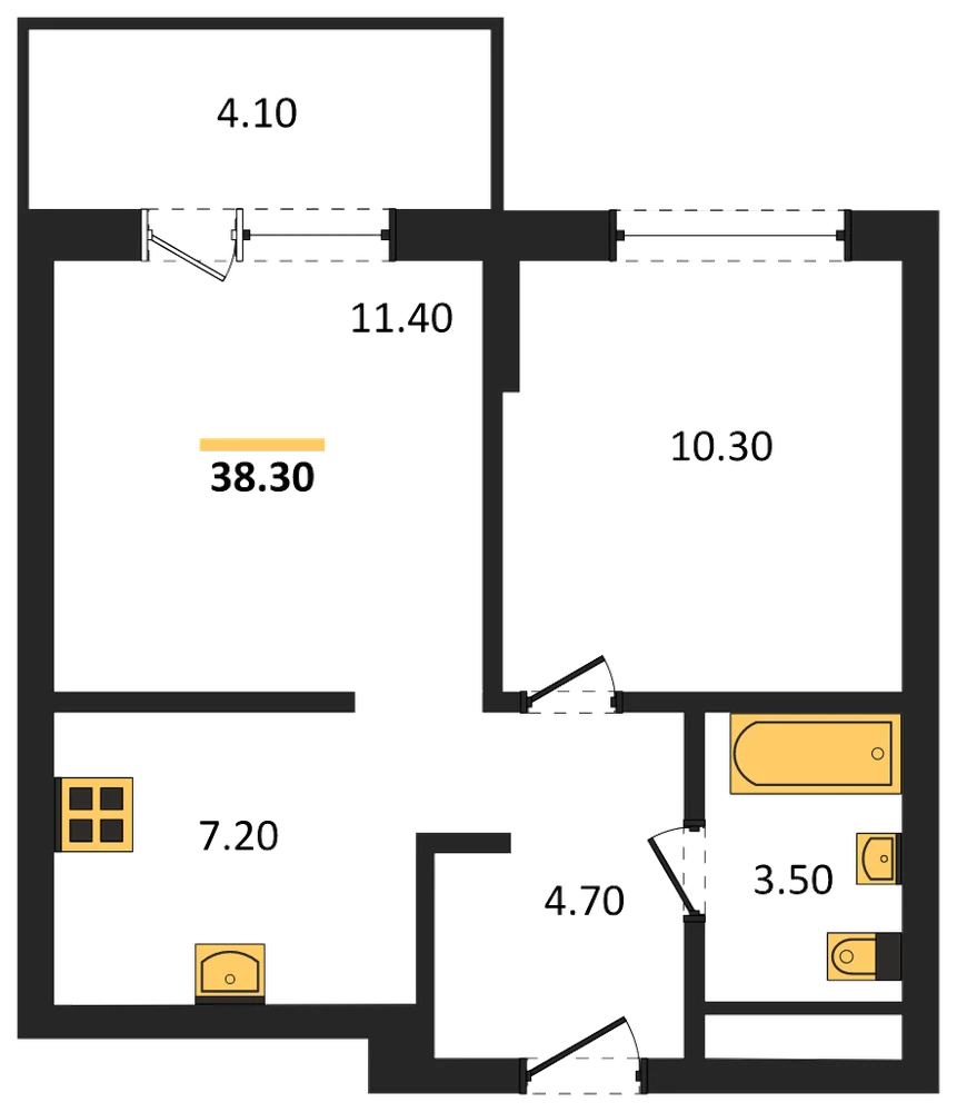 Планировка: 1-комн., 38,3 м²