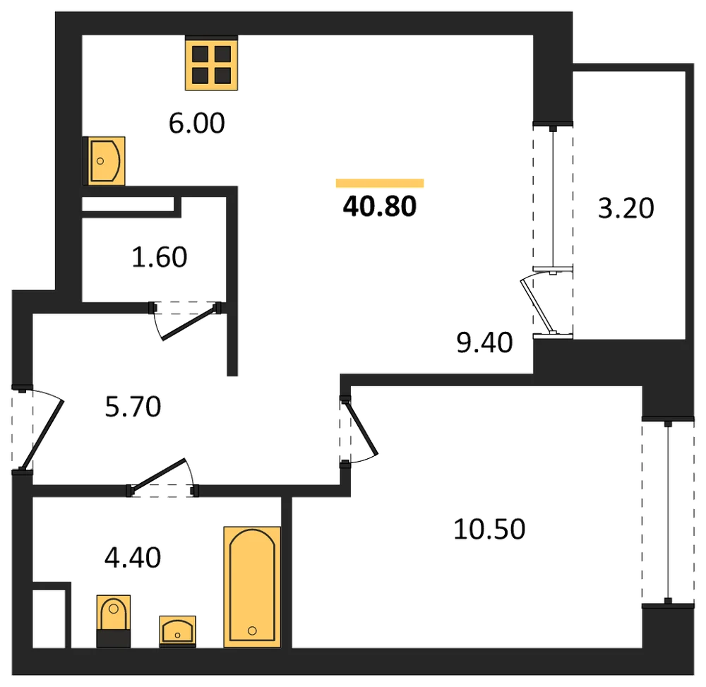 Планировка: 1-комн., 40,8 м²