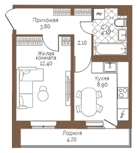 Планировка: 1-комн., 33,4 м²