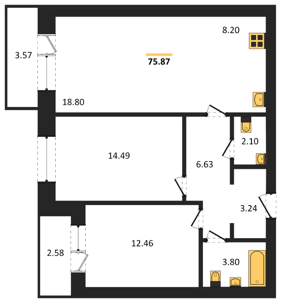 Планировка: 2-комн., 75,9 м²
