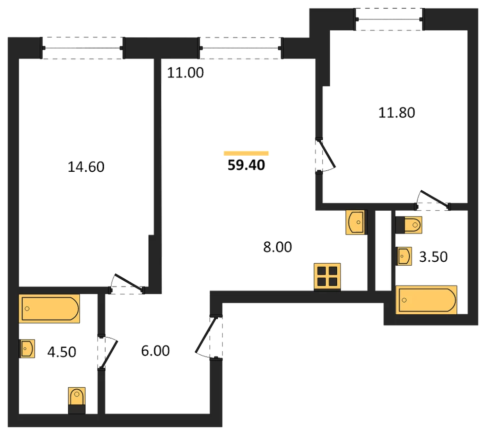 Планировка: 2-комн., 59,4 м²