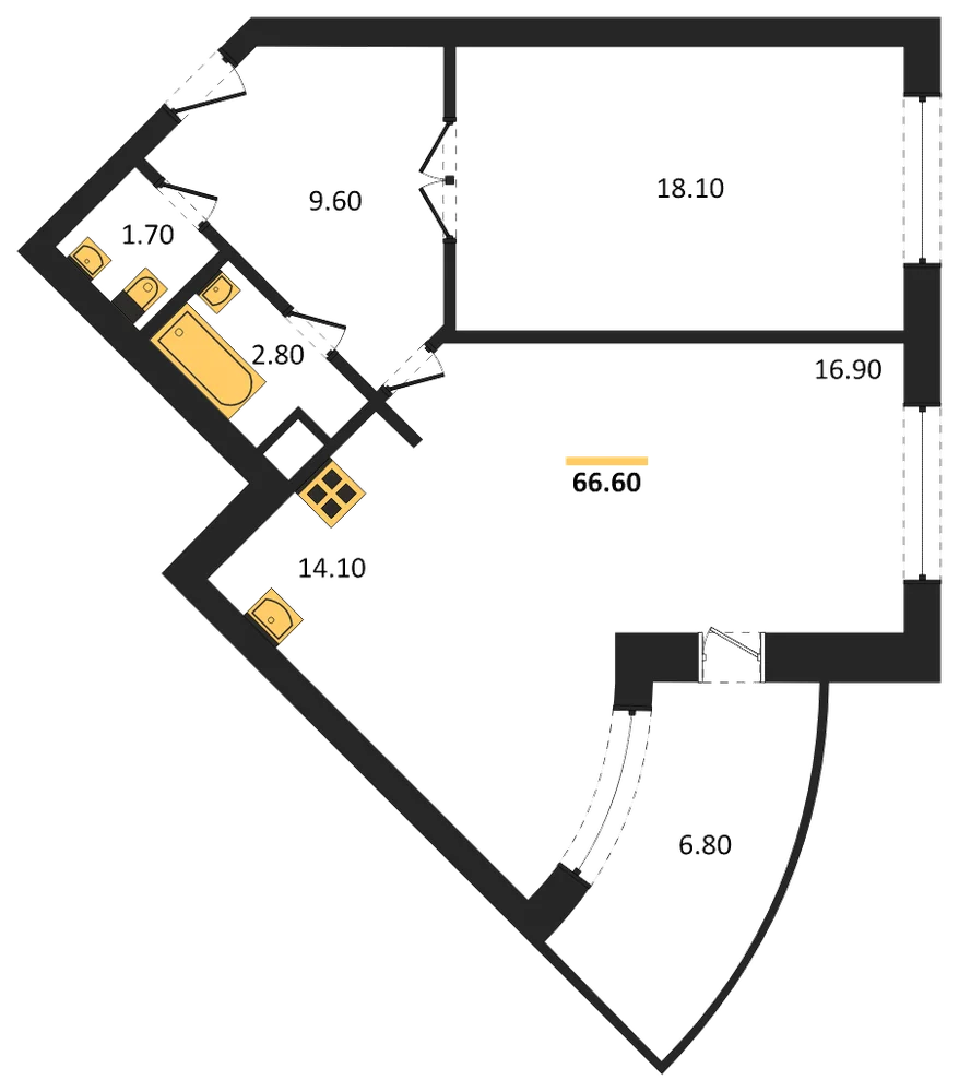 Планировка: 1-комн., 66,6 м²