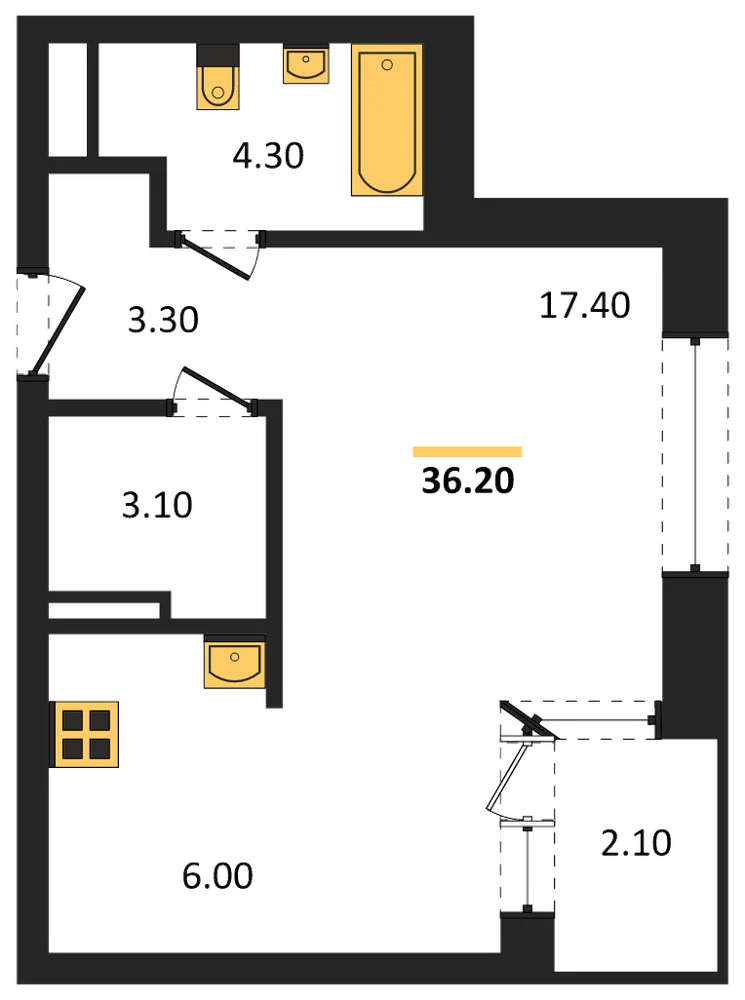 Планировка: Студия, 36,2 м²
