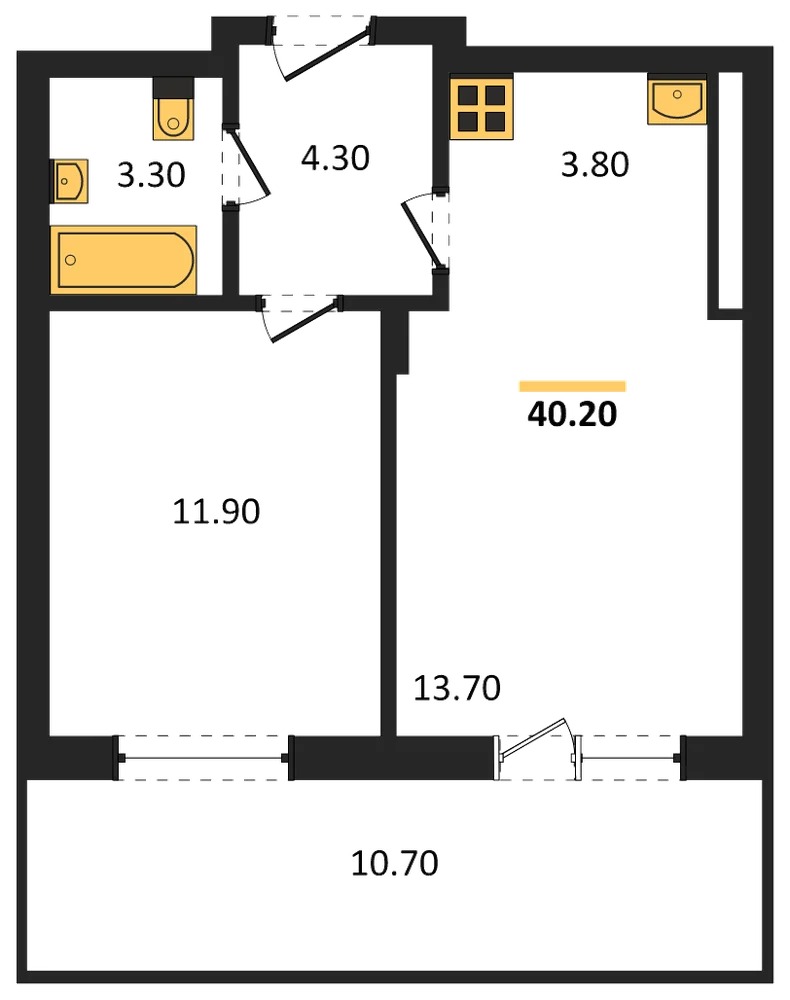 Планировка: 1-комн., 40,2 м²
