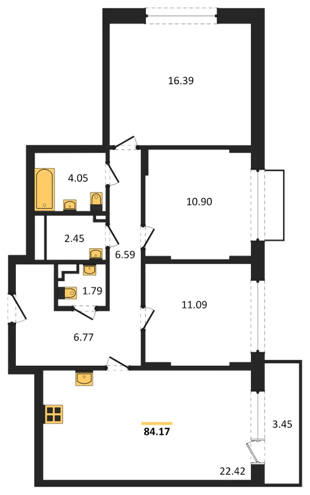 Планировка: 3-комн., 84,2 м²