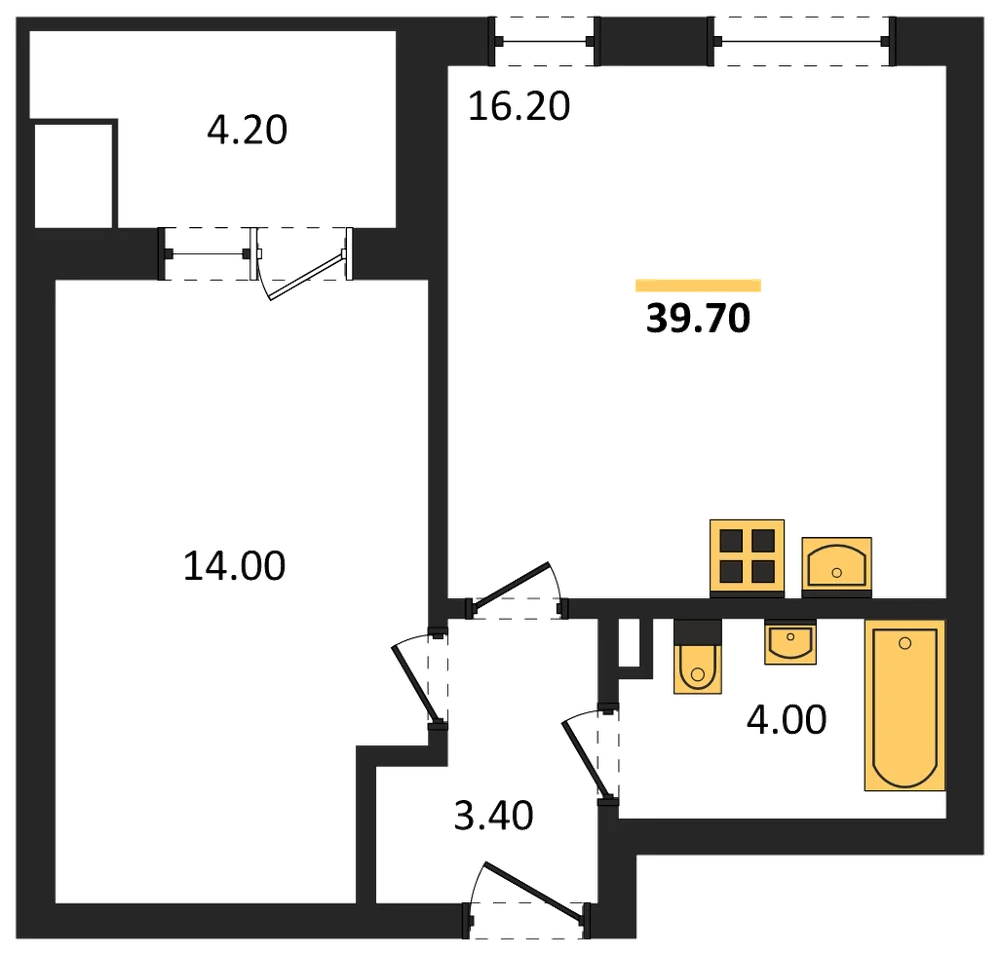 Планировка: 1-комн., 39,7 м²