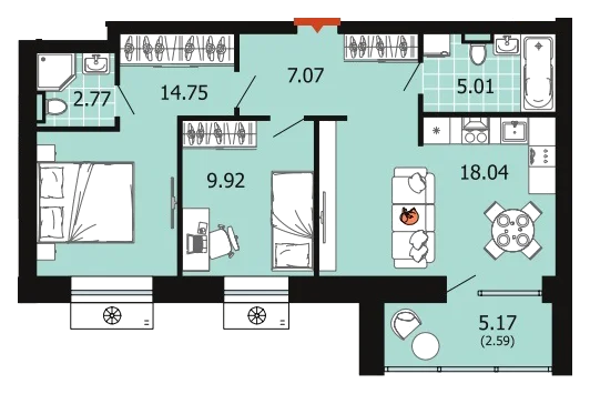 Планировка: 2-комн., 60,2 м²