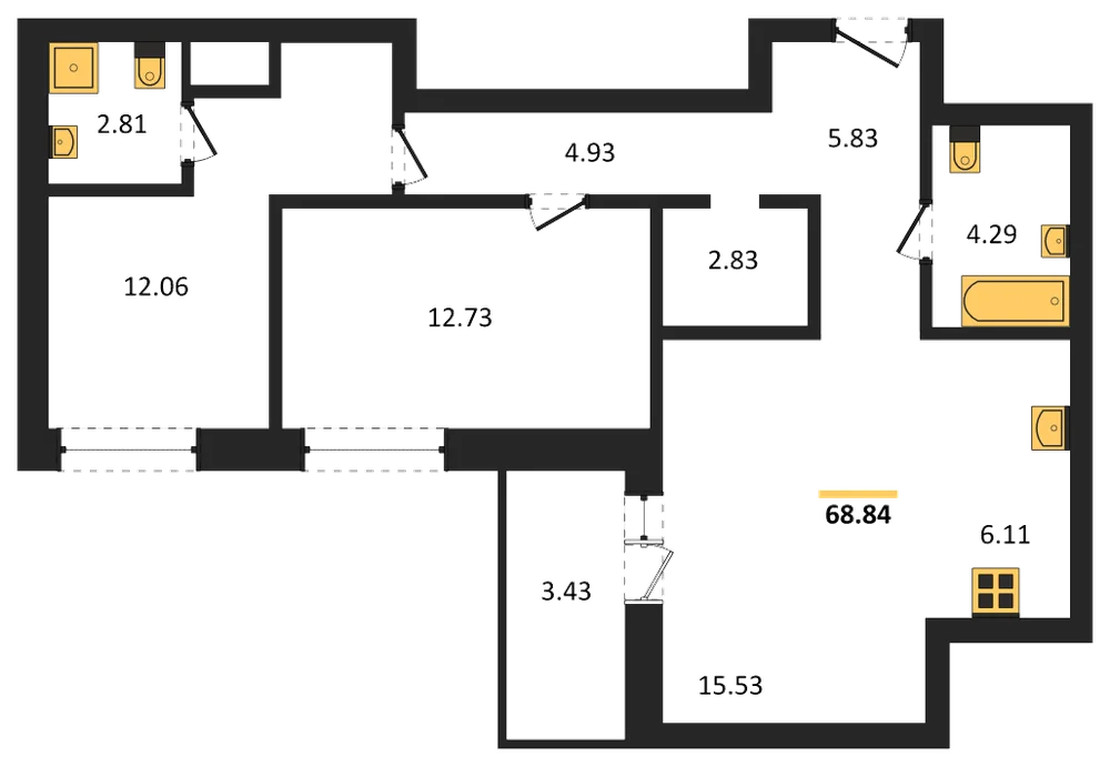 Планировка: 2-комн., 68,8 м²