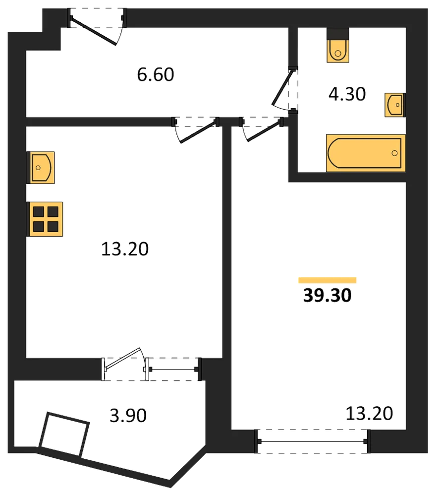 Планировка: 1-комн., 39,3 м²