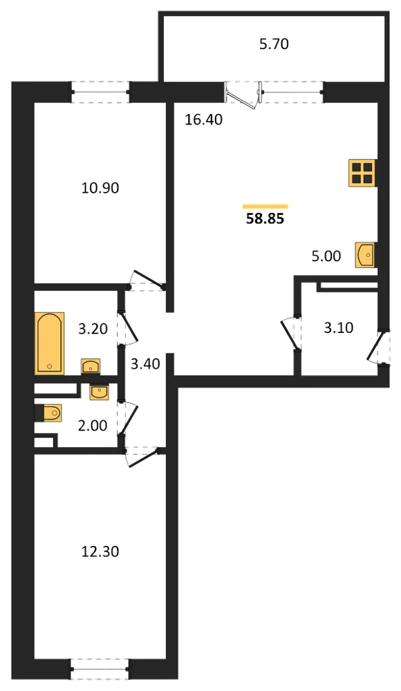 Планировка: 2-комн., 58,9 м²