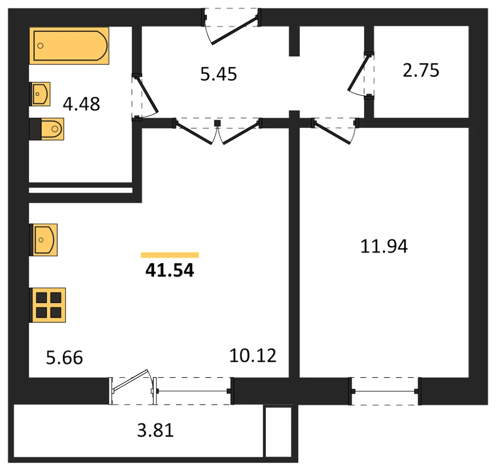 Планировка: 1-комн., 41,5 м²