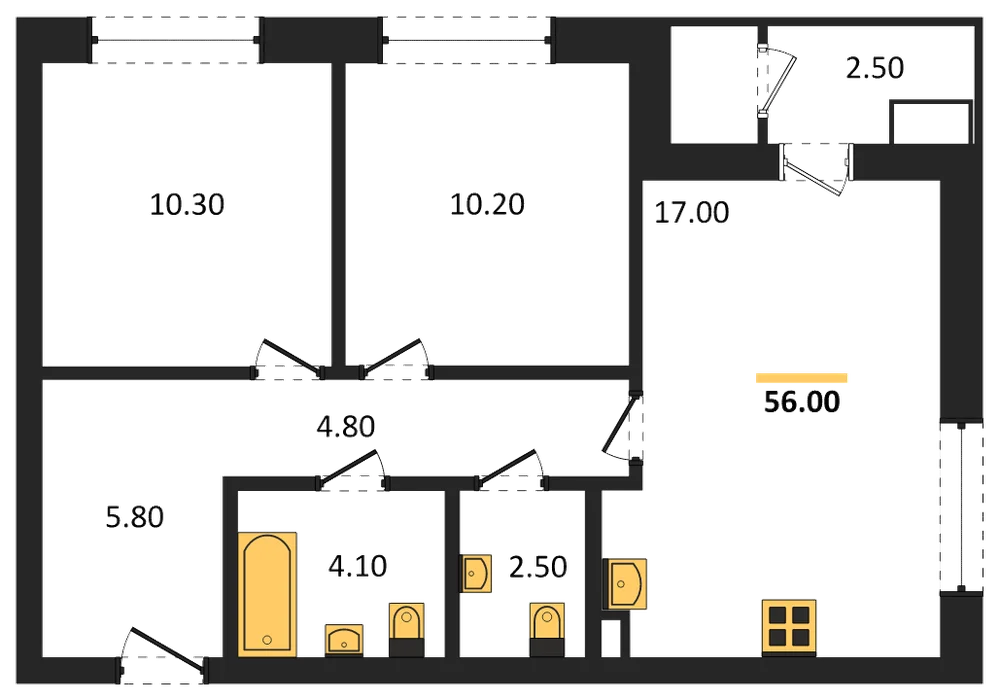 Планировка: 2-комн., 56 м²