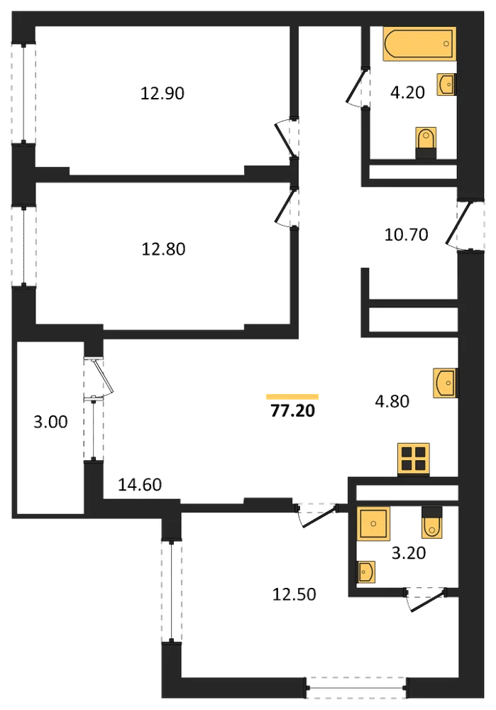 Планировка: 3-комн., 77,2 м²