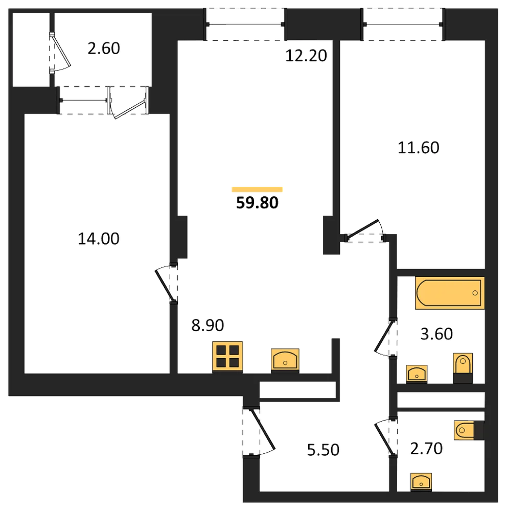 Планировка: 2-комн., 59,8 м²