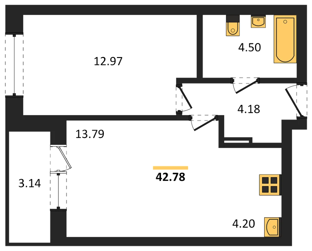 Планировка: 1-комн., 42,8 м²
