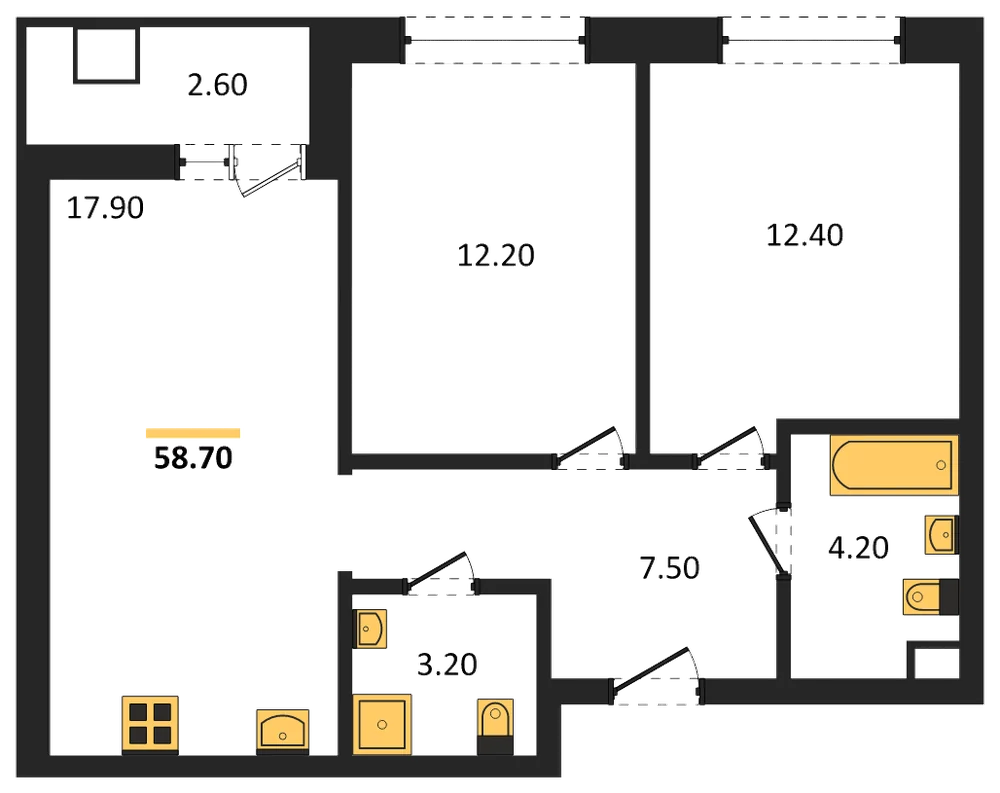 Планировка: 2-комн., 58,7 м²