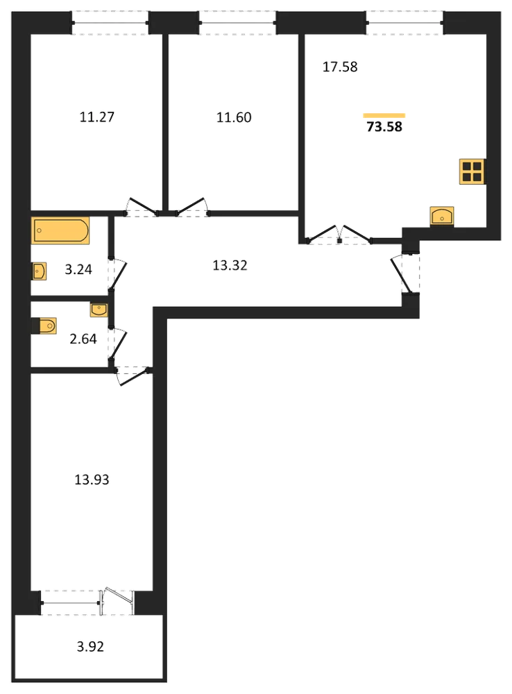 Планировка: 3-комн., 73,4 м²