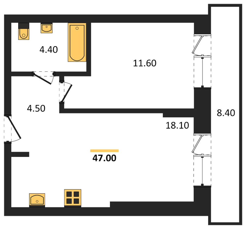 Планировка: 1-комн., 41,1 м²
