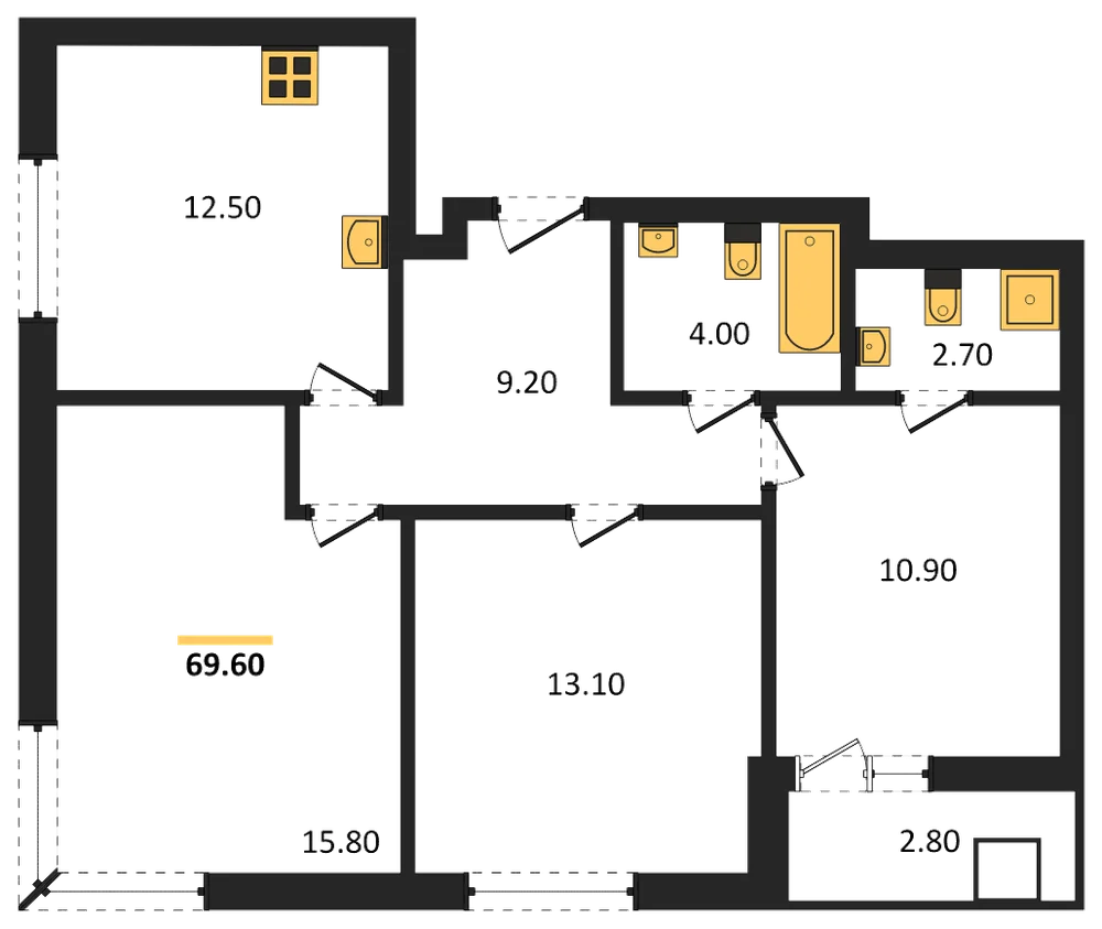 Планировка: 3-комн., 69,6 м²