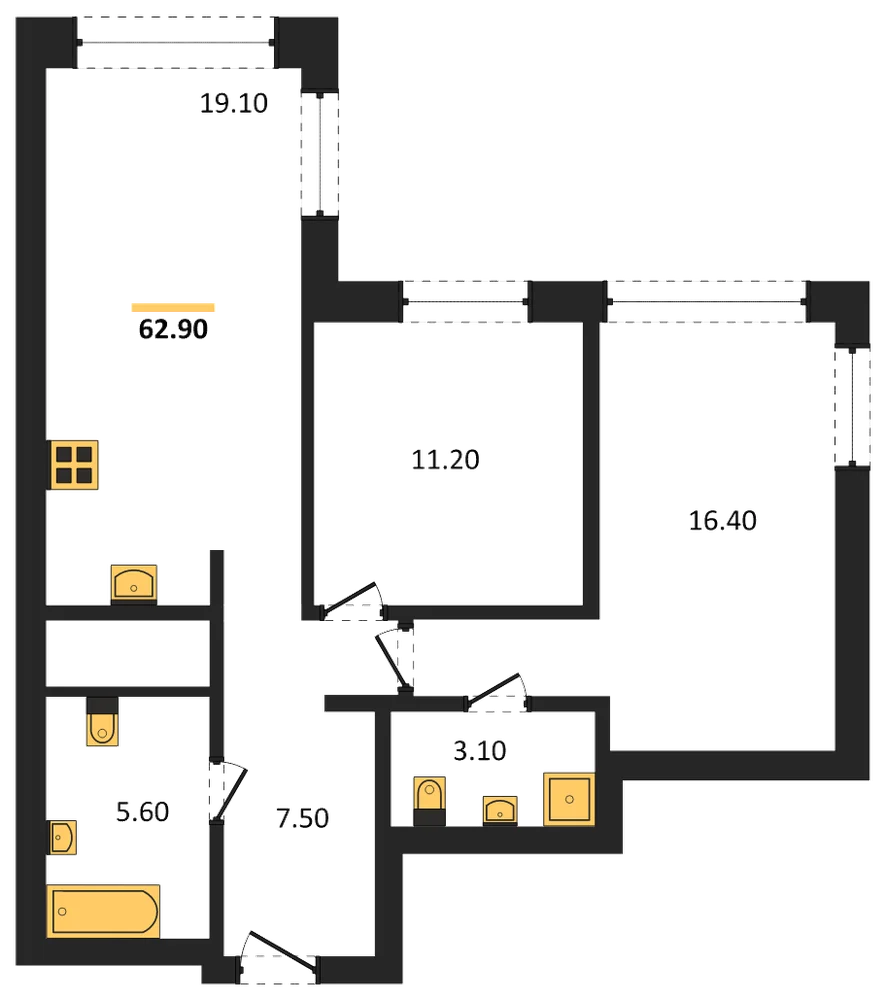 Планировка: 2-комн., 62,9 м²
