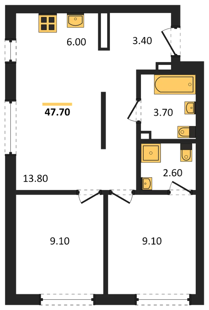 Планировка: 2-комн., 47,6 м²
