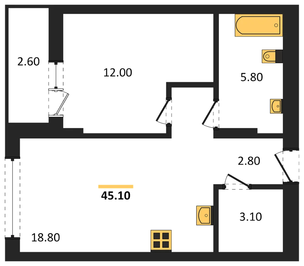 Планировка: 1-комн., 45,1 м²