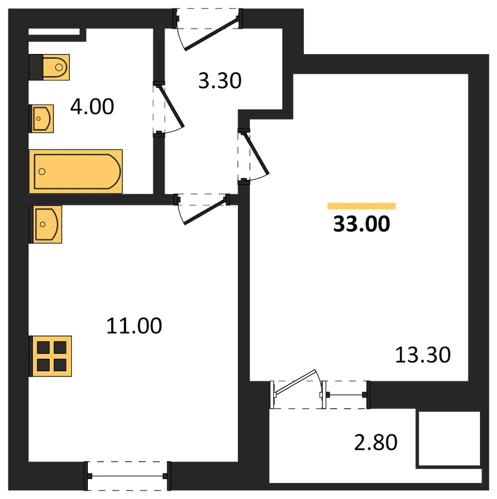 Планировка: 1-комн., 33 м²