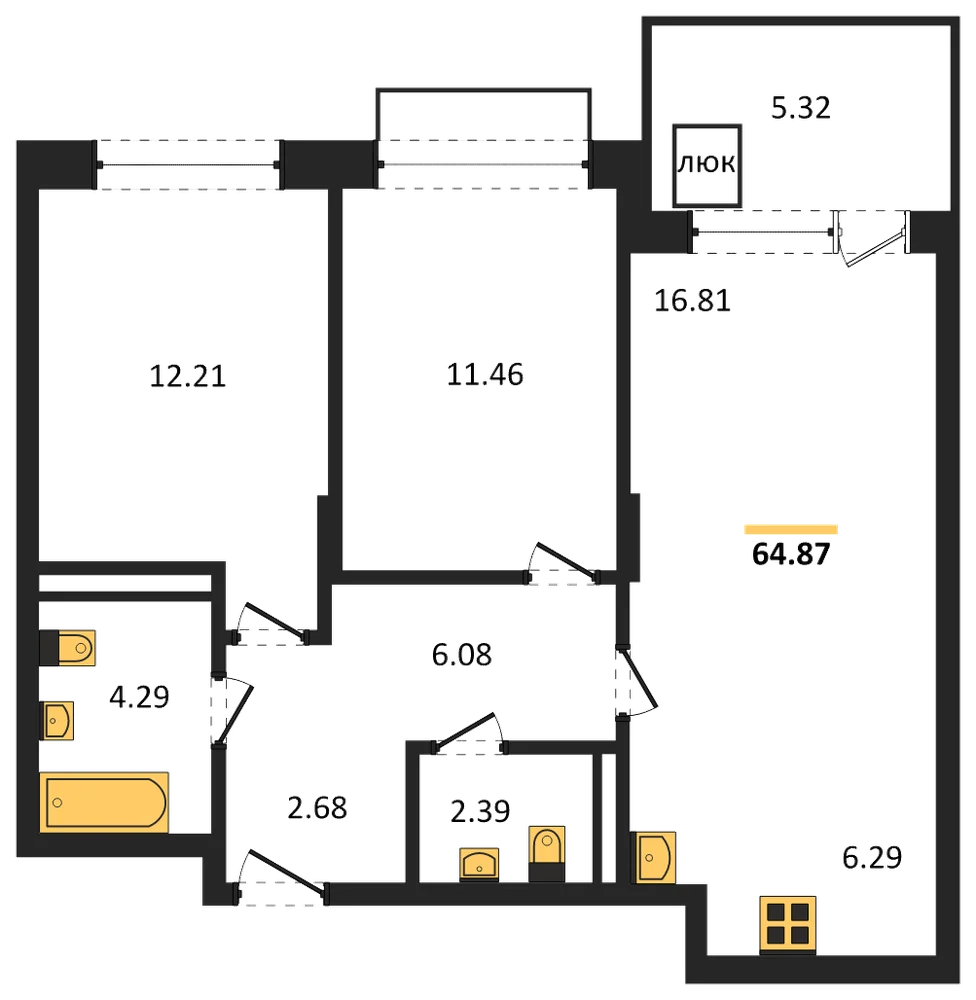 Планировка: 2-комн., 64,9 м²