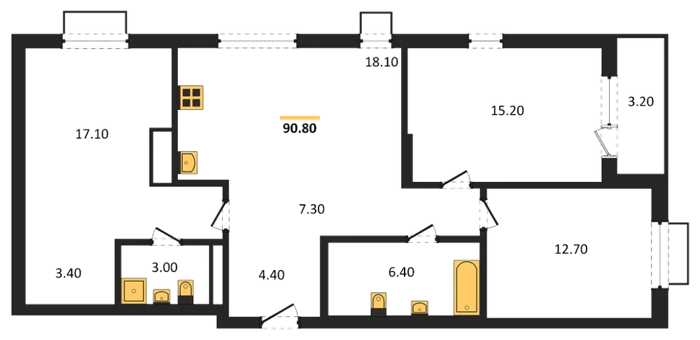 Планировка: 3-комн., 90,8 м²