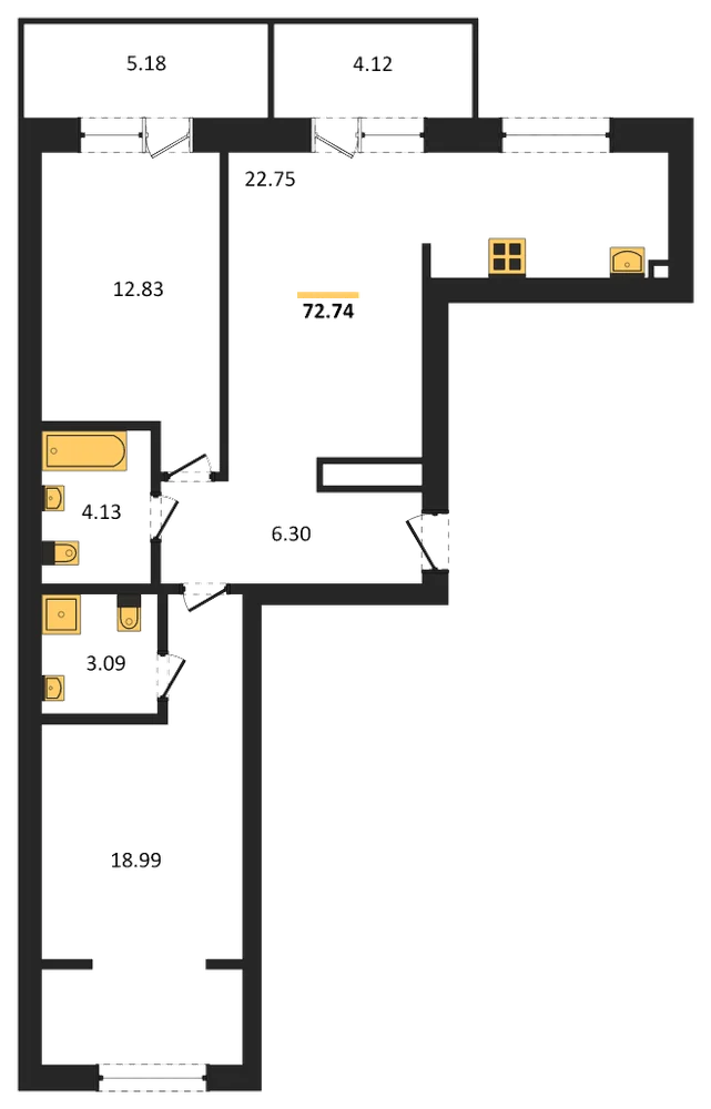Планировка: 2-комн., 72,8 м²