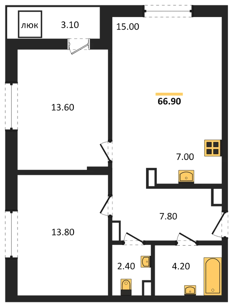Планировка: 2-комн., 66,9 м²