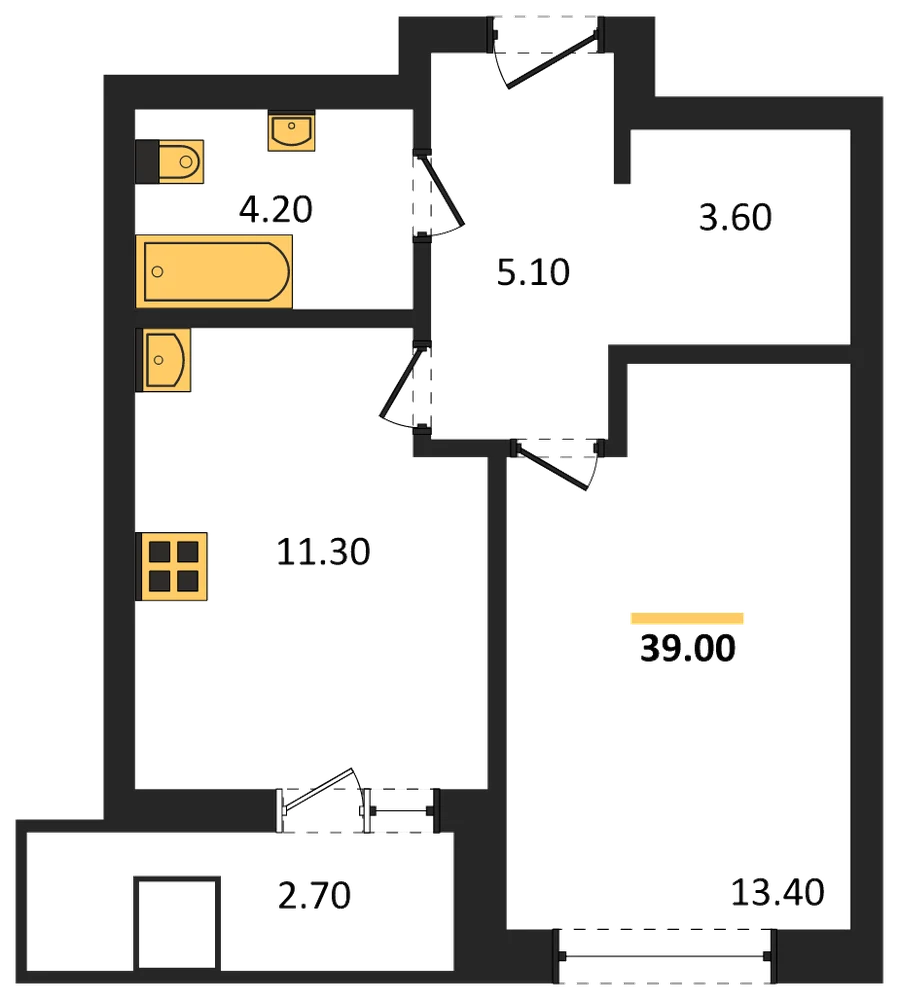 Планировка: 1-комн., 39 м²