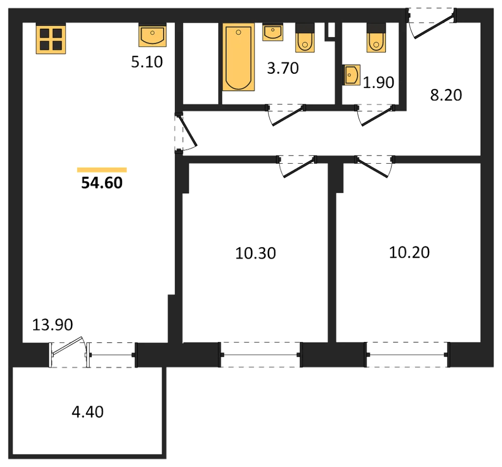 Планировка: 2-комн., 54,6 м²
