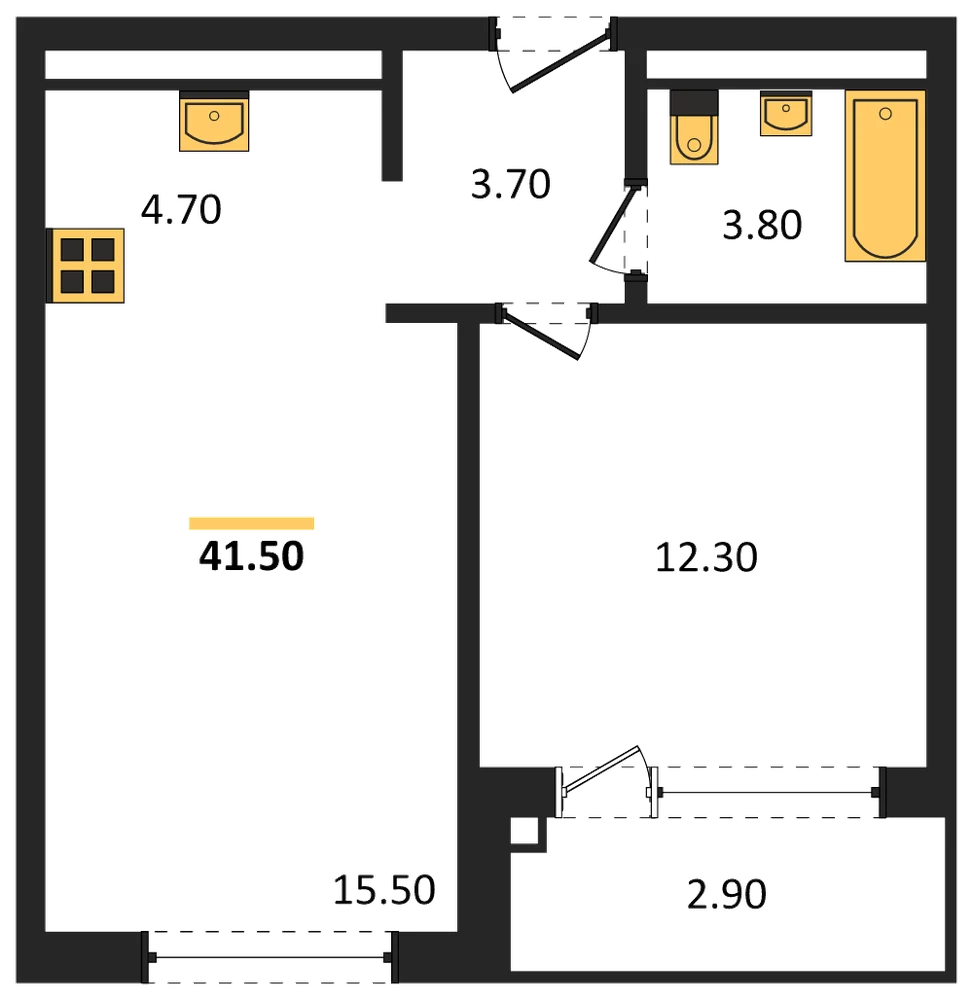Планировка: 1-комн., 41,5 м²