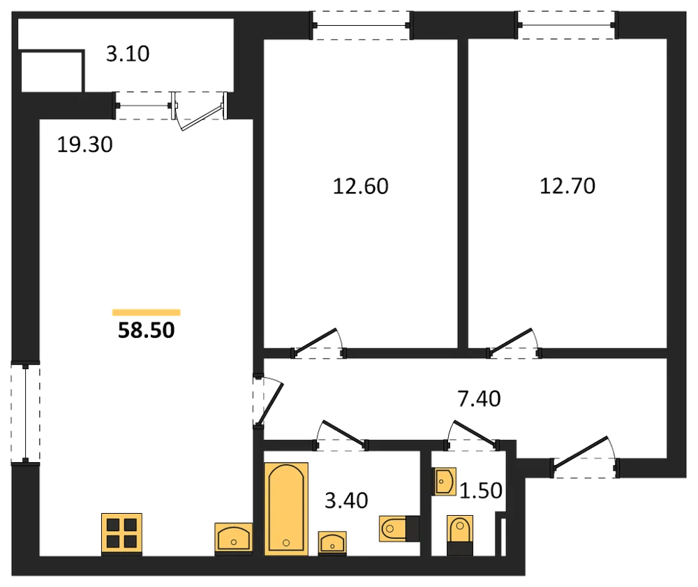 Планировка: 2-комн., 58,5 м²