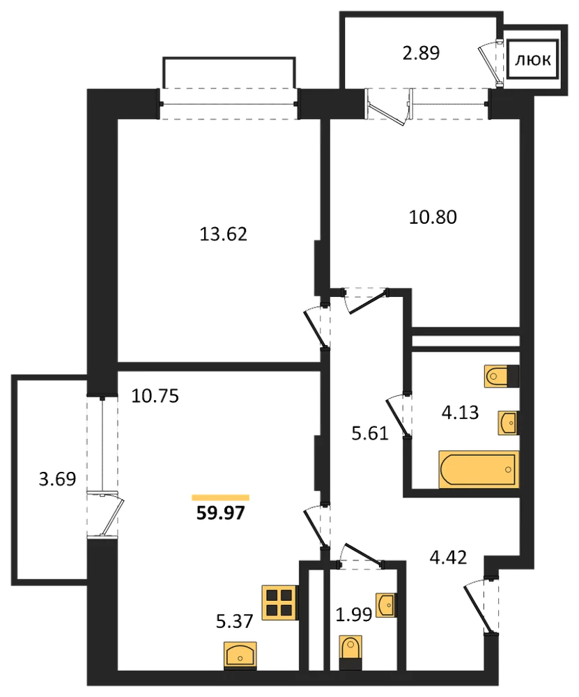 Планировка: 2-комн., 60 м²