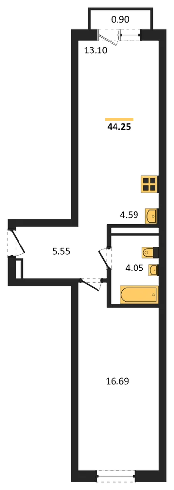 Планировка: 1-комн., 44,3 м²