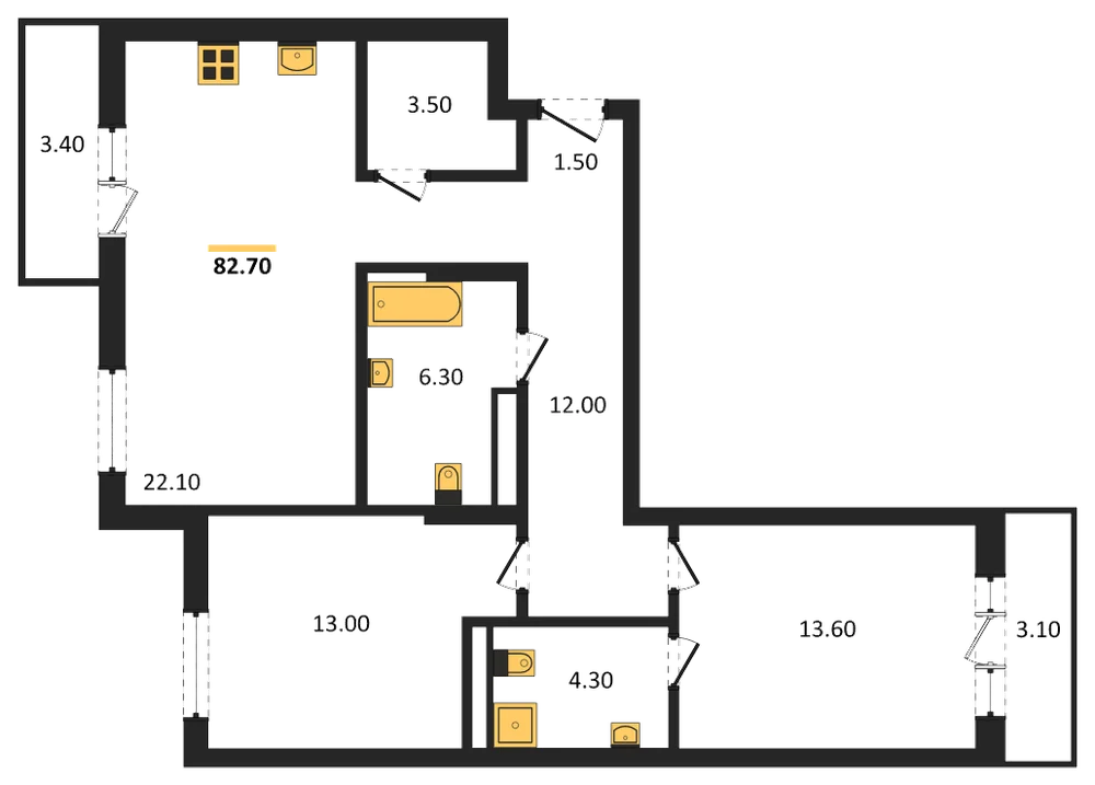 Планировка: 2-комн., 82,7 м²